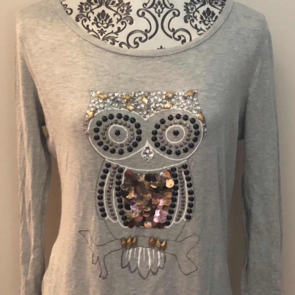 Crown & Ivy Long-Sleeved Sequined Owl Top, Medium